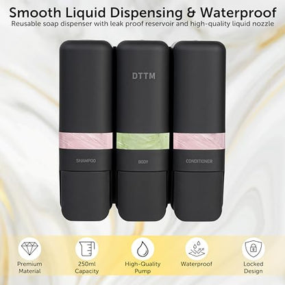 Shower Shampoo Dispenser 3 Chamber No Drill Wall Mounted Matte Black | No-drill stick-on install | Lockable pump | Refillable 250ml x 3 | Soap body wash conditioner | Bathroom hotel