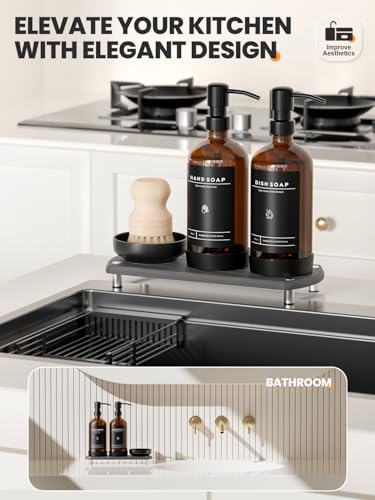 [Luxury] Kitchen Soap Dispenser Set - 16OZ Amber Glass Bottle, Stainless Steel Pump, Instant Dry Tray, Waterproof Labels, Non-Slip Silicone Pad, and Dish Brush | Upgrade for Your Kitchen and Bathroom - color: Amber Bottle + Black Pump