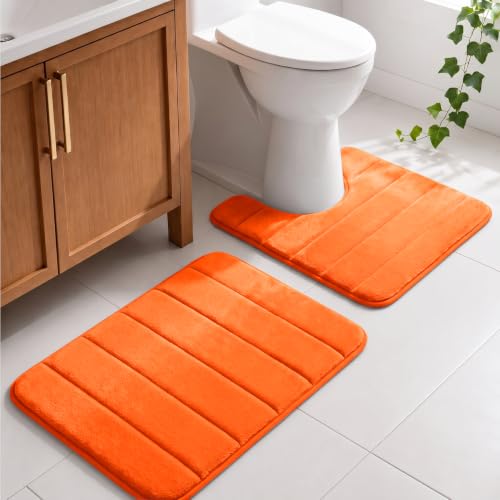 Memory Foam Bathroom Rugs Sets 2 Piece - Super Soft Absorbent Quick Dry Memory Foam Bathroom Rugs, Machine Washable Non Slip Floor Carpet for Tub Shower & Single Sink 16x24 & 20x20,(Orange) - color: Orange