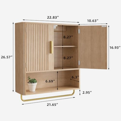 Bathroom Wall Cabinet, Medicine Cabinet with Fluted Door & Adjustable Shelf | Over The Toilet Storage Cabinet with Towel Bar, Space-Saving Cabinet Wall Mount for Laundry Room, Kitchen, Living Room - color: Natural Oak