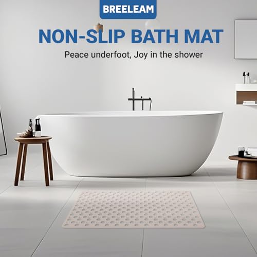 Non Slip Bathtub and Shower Mat 31x17 inch,Bath Mat with Quick Dry Drain Holes and Suction Cups, Soft Comfortable Safe Bathroom Mat for Bath Tub, Floor, Tile (Khaki) - color: Khaki