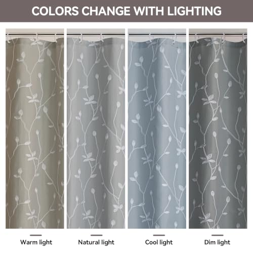 Embroidered Leaf Farmhouse Shower Curtain,Faux Linen,72Wx72L,Grey | Boho Modern Shower Curtain Set, Washable & Waterproof Fabric, Floral Shower Curtains for Bathroom with Hooks - color: Grey