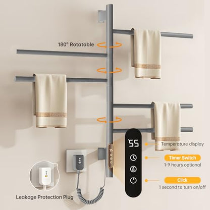 180°Rotation Electric Heated Towel Rack Wall Mounted Towel Warmer Racks 5 Bars Hardwired & Plug-in Hot Towel Rack with 1H-9H Timer for Home Bathroom Salons and Spas (Grey) - color: Grey, size: G63