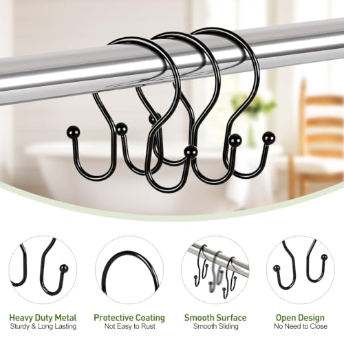 Resze 12PCS Shower Curtain Hooks, Sturdy Metal Black Shower Curtain Rings | Glide Roller Double Shower Hooks, Rust Proof Anti-Drop Curtain Hooks, Smooth Sliding Rings for Bathroom Shower Rods Curtains - color: Black