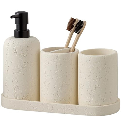 Bathroom Accessories Set,4 PCS Travertine Stone Look Collection,Cream | Modern Bath Organizer with 13.53 OZ Soap Dispenser, Toothbrush Holder, Tumbler, Vanity Tray for Countertop Kitchen Sink - color: Cream