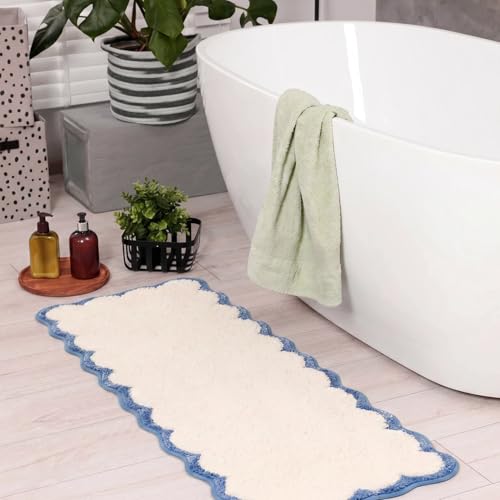 Light Blue Scalloped Long Bathroom Rug Runner Bath Mat | Coastal Non Slip Washable Quick Dry Absorbent Cute Boho Microfiber Large Bathmat,17*47 Inch - color: Blue&white, size: 17*47"