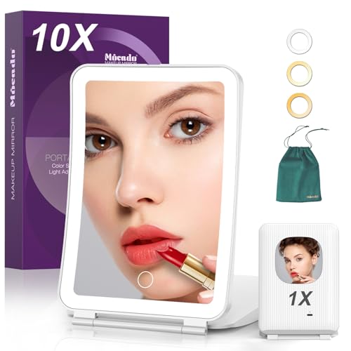 Mocado 10x/1x Magnifying Mirror with Light, Travel Makeup Mirror with Light | Magnetic 10x Magnifying, 3 Colors Light, 0-100% Brightness Adjustable, 2000mAh Rechargeable, Memory Function - color: 10x Magnifying-white