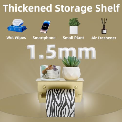 Brushed Gold Toilet Paper Holder with Shelf, 304 Stainless Steel Wall Mount Tissue Roll Holder for Bathroom - color: Brushed Gold, size: Single Rod