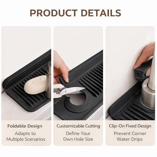 Silicone Faucet Mat for Kitchen Sink, Kitchen Sink Splash Guard Behind Faucet, Added Button Design to Effectively Prevent Water from Slipping Along the Faucet (Black, 24" x 5.5")