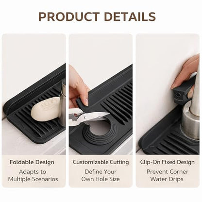 Silicone Faucet Mat for Kitchen Sink, Kitchen Sink Splash Guard Behind Faucet, Added Button Design to Effectively Prevent Water from Slipping Along the Faucet (Black, 24" x 5.5")
