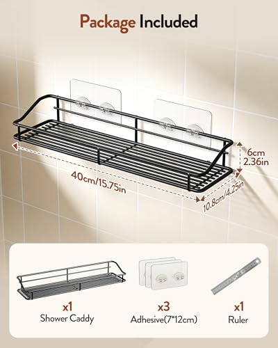 Orimade Adhesive Bathroom Shelf Organizer Shower Caddy Storage Basket Kitchen Spice Rack No Drilling SUS304 Stainless Steel Rustproof, 15.75 inch, Black - color: Black