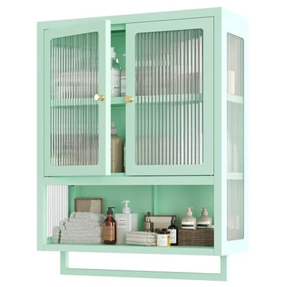 Bathroom Wall Cabinet with 2 Glass Door, Bathroom Medicine Cabinet with Towels Bar and Shelves, Over The Toilet Storage Cabinet, Metal Wall Mounted Cabinet for Laundry Room Kitchen (Green) - color: Green