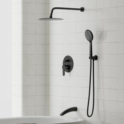 Gabrylly Shower System with Tub Spout, Black Bathtub Shower Faucet Set with 3-Way Pressure Balance Valve Kit, 10" Rain Head with Handheld Spray, Matte Black - color: Matte Black, style: 10 Inches-With Tub Spout