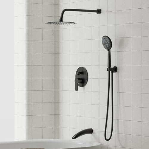 Gabrylly Black Bathtub Shower Faucet Set - 12" Rain Showerhead & Handheld Spray, High Pressure Shower Head with Pressure Balance Valve, Matte Black - color: Matte Black, style: 12 Inches-With Tub Spout