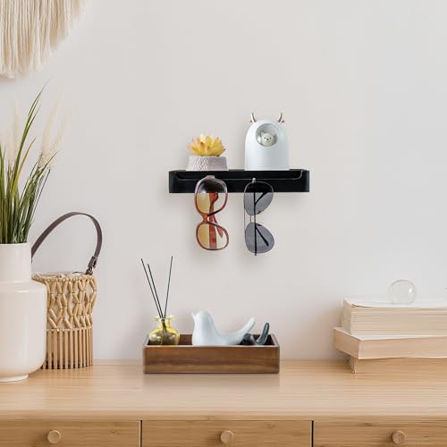 MyGift Modern Matte Black Wall Mounted Towel Rack with Acacia Wood Shelf – Metal Bathroom Storage Organizer for Towels and Décor
