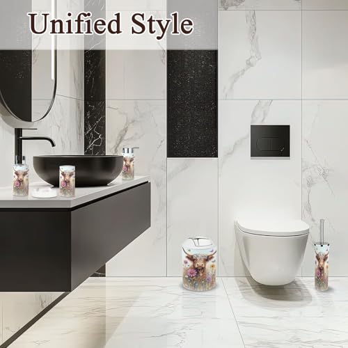 6 Piece Bathroom Accessories Set Highland Cow Rustic Farmhouse Animal Nature Flower Landscape Abstract Trash can Toilet Brush Holder Toothbrush Holder Toothbrush Cup Soap Dispenser Soap Dish Boho