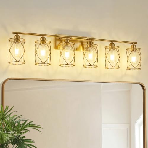 6-Light Brushed Gold Bathroom Light Fixtures Over Mirror, 42" UL-Listed Modern Wall Sconce Lights with Clear Glass and Metal Cage for Bath, Hardwire E26, CH9176BG-6W - color: Gold + Clear Glass, size: 6-Light, 42" L