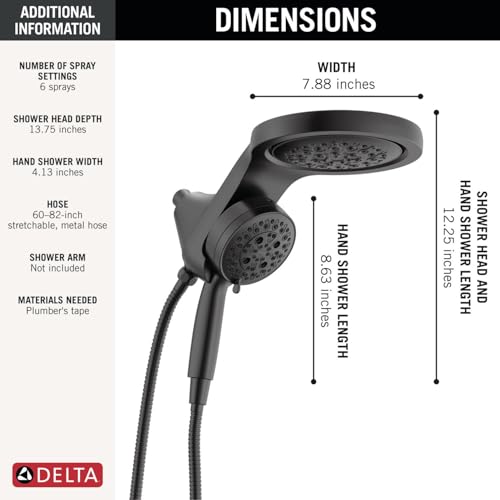 Delta 6-Setting HydroRain Premium 2-in-1 Dual Shower Head with ProClean Spray, Matte Black High Pressure Shower Head with Handheld Spray, 1.75 GPM Flow Rate, Matte Black 56000-BL25 - color: Matte Black