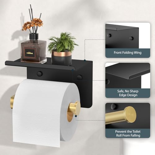 FORIOUS Toilet Paper Holder with Shelf, Adhesive or Screw, Black and Gold | Wall Mount Toilet Paper Roll Holder for Bathroom, Stainless Steel Commercial Toilet Tissue Roll Dispenser with Phone Shelf - color: Matte Black & Brushed Gold
