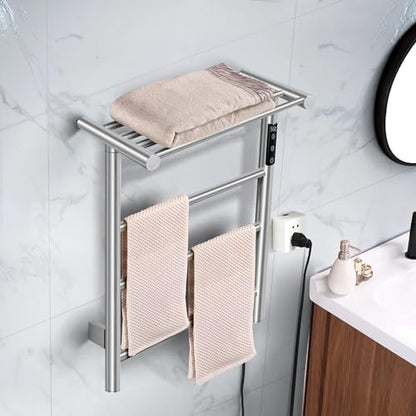 Towel Warmer Wall Mounted with 3 Electric Stainless Steel Heated Bars, Hot Towel Rack for Bathroom, Plug-in BathTowel Heater with Built-in Timer, Brushed Nickel