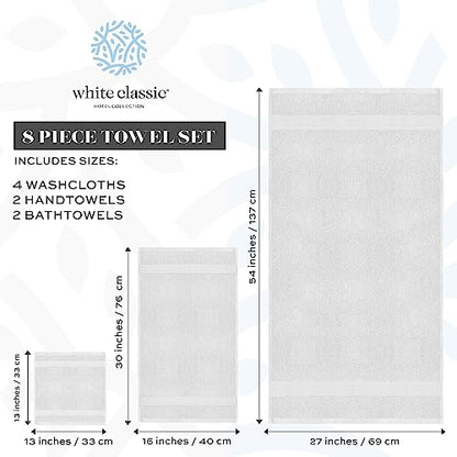 White Classic Luxury Bath Towel Set of 8 Pieces - 100% Turkish Cotton Highly Absorbent Towels for Bathroom, 2 Luxury Bath Towels 700GSM, 2 Hand Towels, 4 Washcloths, Silver - color: 06: Silver