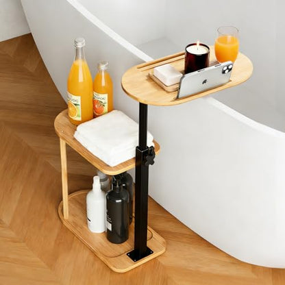 3-Tier Freestanding Bathtub Tray Table, Bamboo Swivel Bathtub Side Table with Height Adjustable Design, Standing Bath Tray for Tub Against Wall, Bathroom Organizer for Luxury Home Spa (Natural) - color: Natural