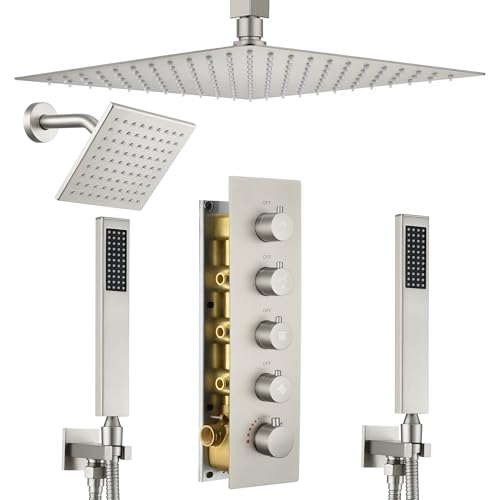 Thermostatic Dual Rianfall Shower System with 6+16-Inch Shower Heads, Brushed Nickel Ceiling Mount Full Body Rain Shower Faucet Set with Double High Pressure HandHeld Sprayer for 2-Person - color: Brushed Nickel