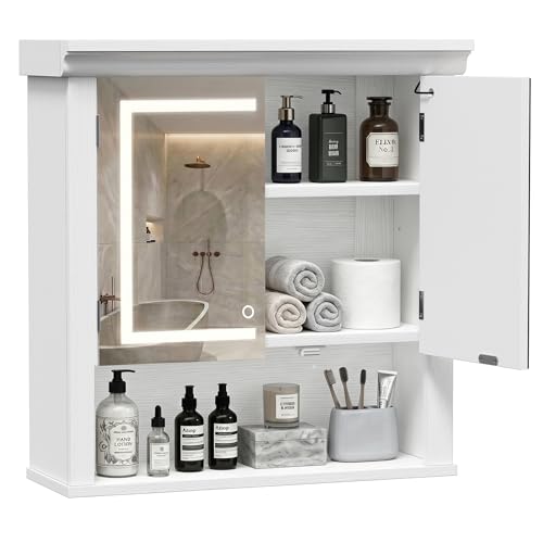 Bathroom Medicine Cabinet with Mirror and Lights, Wall Mount Bathroom Mirror with Storage, 3 Color Temps, Led Medicine Cabinet Mirror for Bathroom with 2 Doors, 9.3" Dx24.2 Wx25 H(White) - size: 9.3" Dx24.2" Wx25" H