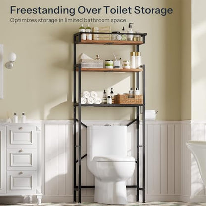 HOOBRO Over-The-Toilet Storage Rack, 3-Tier Bathroom Shelves Above Toilet, Bathroom Organizer with Toilet Paper Hook, Laundry Room, Space Saver, Rustic Brown and Black BF21TS01