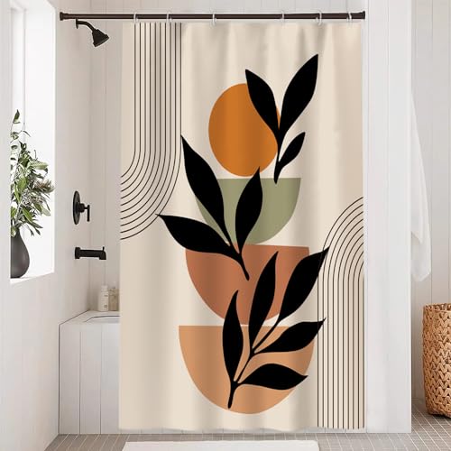 Boho Beige Stall Shower Curtain with Hooks 48x72 Inch | Waterproof Abstract Black Arch Leaves Small Bathroom Curtain for Shower Stall, Machine Washable - color: Abstract 038, size: 48"W x 72"L (Pack of 1)