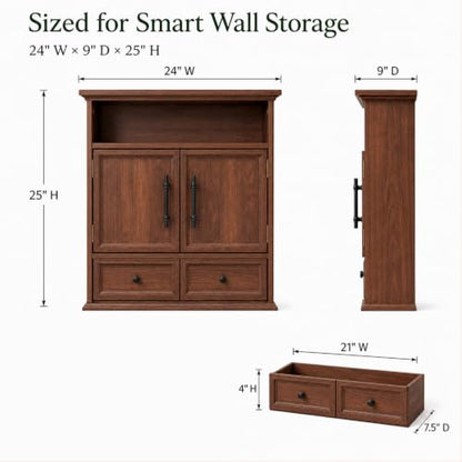 24" Wall Mounted Bathroom Storage Cabinet with Adjustable Shelf, Open Shelf, Double Doors and Full-Width Drawer, Farmhouse Floating Cabinet for Over Toilet,Walnut