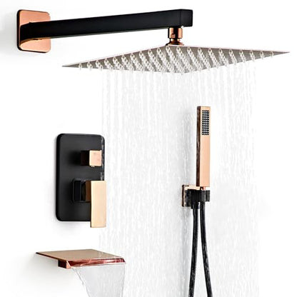 Rainfall Shower Faucet Set with Tub Spout 10 Inch, Shower Head | Rain Shower and Handheld Shower System Square Wall Mount for Bathroom - color: Black＆Gold, style: 10 Inch