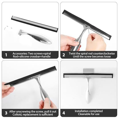 Shower Squeegee with Hook Holder, Easy to Install, Stainless Steel Bath Squeegee, Efficient Bathroom Household Cleaner Tool, Silver Shower Squeegee, Lightweight Bath Squeegee for Windows