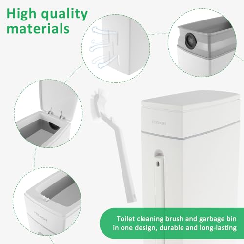 Bathroom Trash Can and Toilet Brush Set, Narrow Slim Can With Pop-up Lid, Modern White Mini Rectangular Bin for Limited Small Space