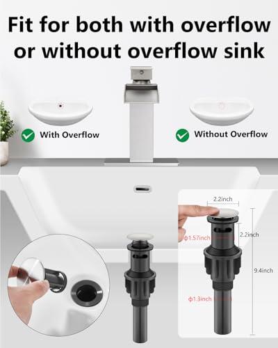 Brushed Nickel Waterfall Bathroom Faucet 1-Handle Vanity Faucet | Stainless Steel Modern Bathroom Sink Faucet,Pop-Up Drain, Supply Lines 6-in Deck Plate, 1- or 3-Hole, NSF Certified - color: Nickel