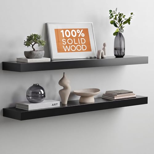 Black Floating Shelves 36 inches Long, High End Solid Real Wood 36 inch Floating Shelf for Wall Mounted, Black Wooden 36in Floating Shelves, Heavy Duty Bracket, 36 X 6.5 X 1.75 in, Set of 2 - color: Modern Black - Rich Neutral Satin, size: 36 inch