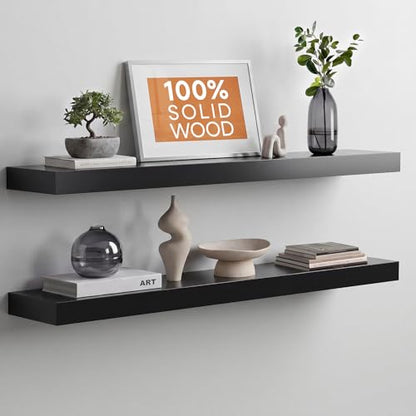 Black Floating Shelves 36 inches Long, High End Solid Real Wood 36 inch Floating Shelf for Wall Mounted, Black Wooden 36in Floating Shelves, Heavy Duty Bracket, 36 X 6.5 X 1.75 in, Set of 2 - color: Modern Black - Rich Neutral Satin, size: 36 inch