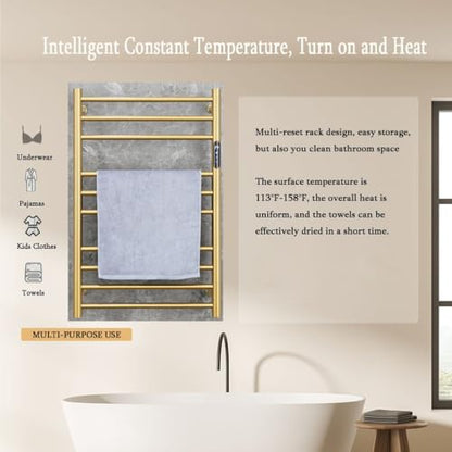 Heated Towel Rack Plug-in,Free Standing & Wall Mounted Dryer Rack Stainless Steel,Radiator 10 Bars Hot Towel Warmer with Built-in Timer,Gold - color: Gold