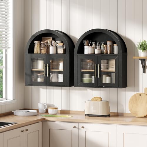Maupvit Arched Bathroom Wall Cabinet, 23.6''W Modern Floating Medicine Cabinets with Fluted Glass Doors & Gold Handles, Space-Saving Over the Toilet Storage Cabinet for Bathroom Kitchen Laundry Room