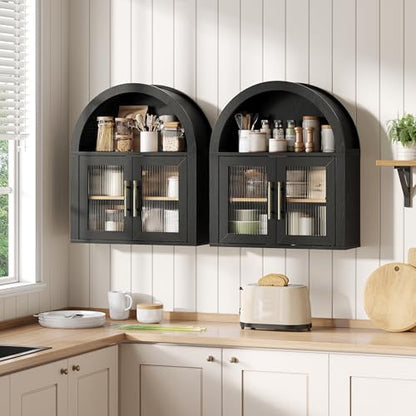 Maupvit Arched Bathroom Wall Cabinet, 23.6''W Modern Floating Medicine Cabinets with Fluted Glass Doors & Gold Handles, Space-Saving Over the Toilet Storage Cabinet for Bathroom Kitchen Laundry Room