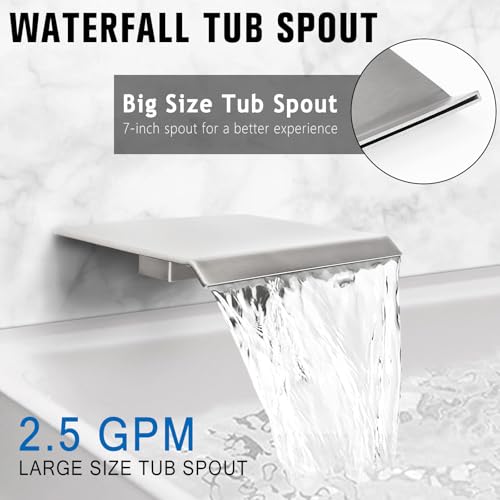 12 Inch Rainfall Shower System with Tub Spout Wall Mounted Complete Combo with Solid Brass Pressure Balancing Valve, High Pressure Shower Head, Handle Set & Installation Accessories - color: Brushed Nickel