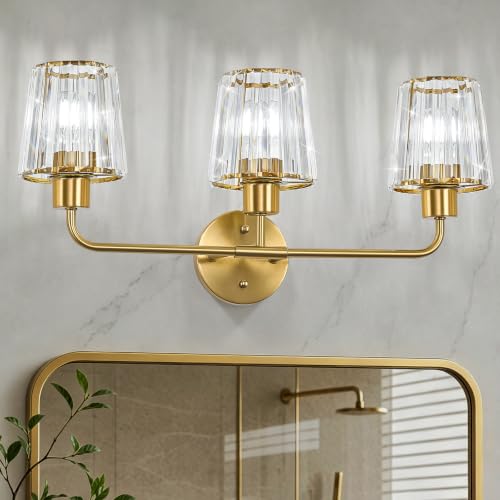 Brushed Gold Vanity Lights, 3-Light Crystal Bathroom Light Fixtures | Modern Bathroom Vanity Light E26 Wall Light over Mirror (Exclude Bulb) - color: Brushed Gold, size: 3-Light