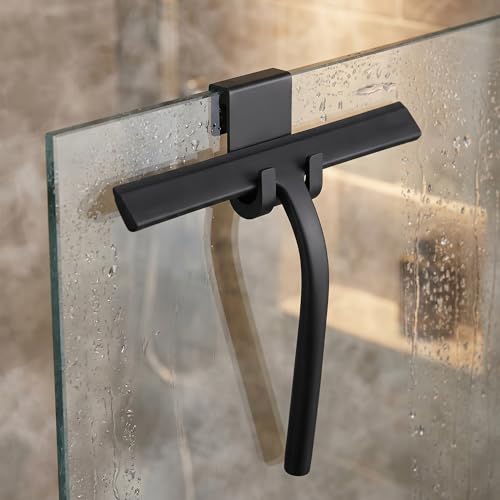 Shower Squeegee for Glass Doors, Mirror Window Tile Scrubber Cleaner with Hook Silicone (Black) - color: Black