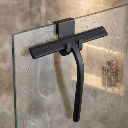 Shower Squeegee for Glass Doors, Mirror Window Tile Scrubber Cleaner with Hook Silicone (Black) - color: Black