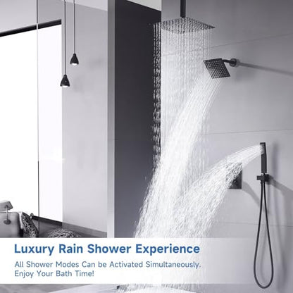 Dual Rainfall Shower Head System, Push Button Shower Faucet Set with 12" Ceiling Mount Rain shower head and 6" Wall Mount Shower Head, Pressure Balance Rough-in Valve (Matte Black) - color: Matte Black, style: Ceiling Mount