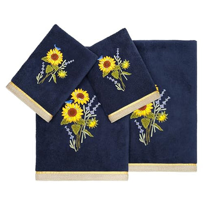 Jubilant 4-Piece Premium Towel Set, Vibrant Floral Applique, Luxurious Turkish Cotton, Soft & Durable, Elegant Bath Ensemble, 2 Bath 2 Hand Towels, Marine - color: Marine, size: 2 Pcs Bath 2 Pcs Hand Towel