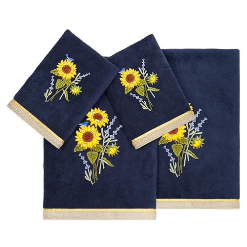 Jubilant 4-Piece Premium Towel Set, Vibrant Floral Applique, Luxurious Turkish Cotton, Soft & Durable, Elegant Bath Ensemble, 2 Bath 2 Hand Towels, Marine - color: Marine, size: 2 Pcs Bath 2 Pcs Hand Towel