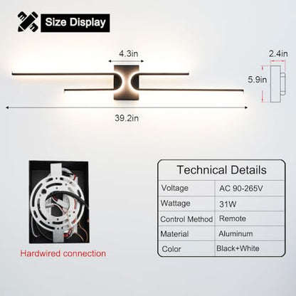 Vanity Light for Bathroom Lighting Over Mirror Black Dimmable 3CCT Vanity Lighting Fixture Modern Bath Vanity Bar 39in Led Bathroom Wall Sconce Lighting for Bedroom Living Room with Remote Control - color: Black B