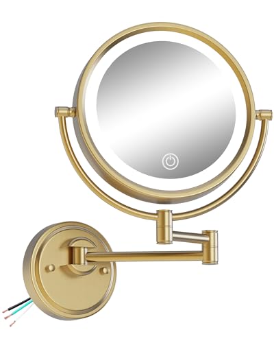 10" Double-sided Wall Mounted Makeup Mirror with Light and Magnification 5X | 3 Color LED Touch Dimmable Memory Function, Bathroom Vanity Extendable Swing Arm Gold, Direct Wire, Brushed Moderne Brass - color: Brushed Moderne Brass