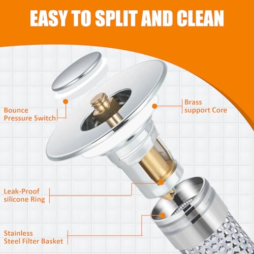 2PC Bathroom Sink Stoppers Plug Pop-up Drain Filter for 1.45 Inch Brass Basin Sink Stopper (Chrome)